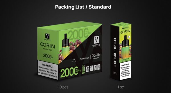 vaptex gorin 2000 puffs disposable kit 850mah 5ml toppod 20