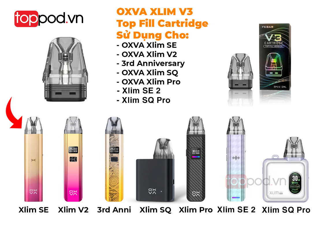 Đầu Pod Xlim V3 Cadtrige (TOP Fill) Sử Dụng Cho OXVA Xlim Pro, OXVA Xlim V2, OXVA Xlim SE, và OXVA Xlim SQ